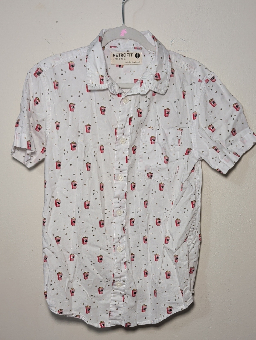 Retrofit Popcorn Print Button-Up Shirt White Red 100% Cotton Boys Size S 8